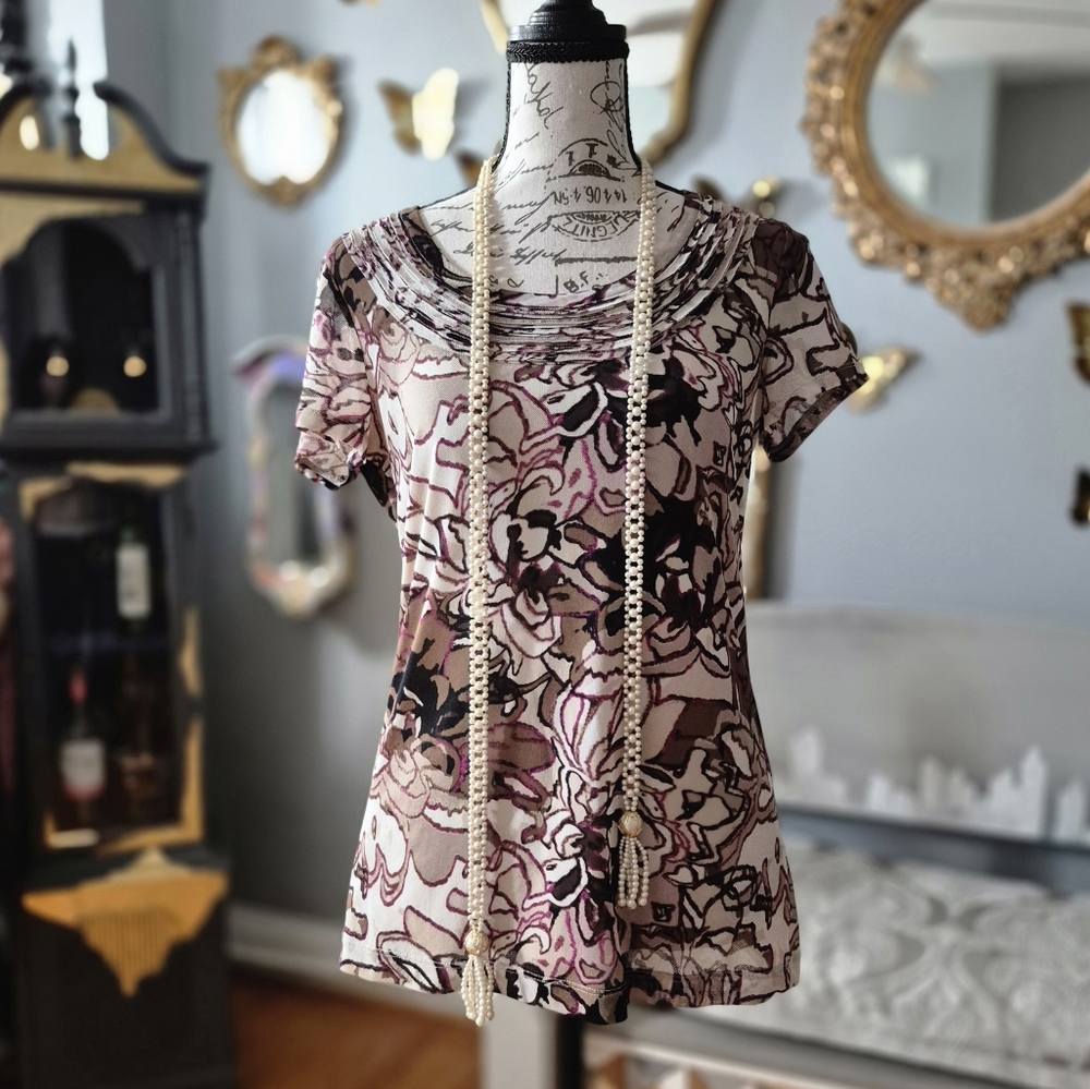 DISCONTINUED: Dana Buchman 70s Vibe Pink and Tan Floral Abstract Blouse Small - Picture 2 of 5